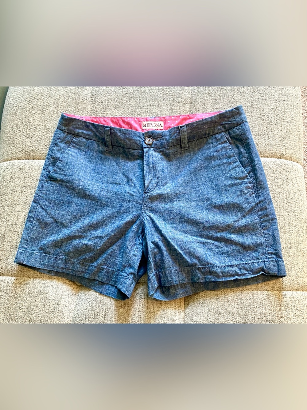 Merona Chambray-Style Blue Jean Shorts with Pink Waistband